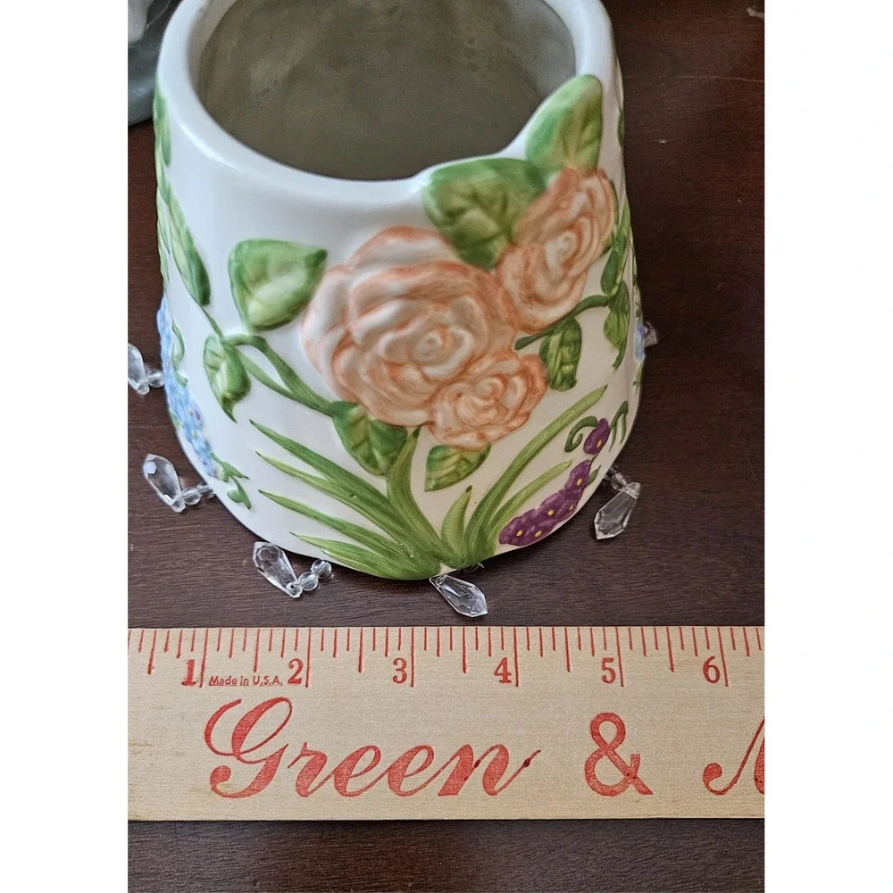 Home Interiors Floral Ceramic Candle Holder Hanging Crystal Prisms Cottage Decor